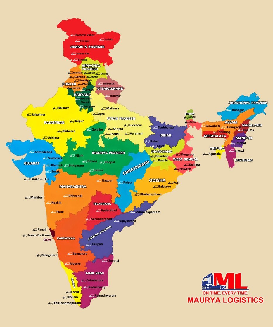 Map of India showing Maurya Logistics delivery coverage across all states and major cities