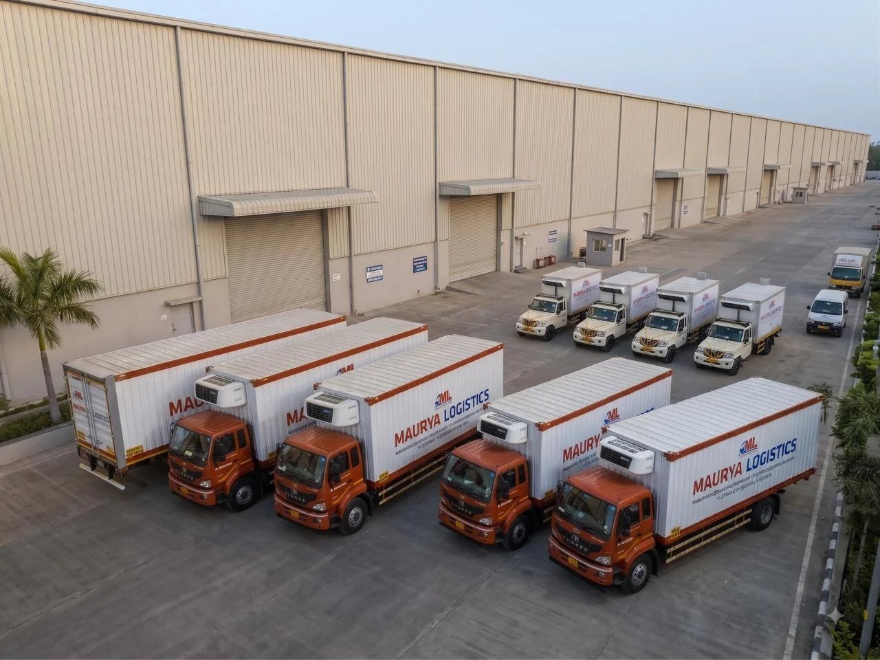 Aerial view of the Maurya Logistics reefer fleet lined up at a pharmaceutical warehouse dock