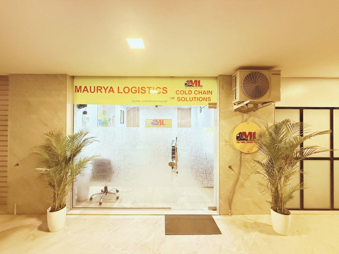 Maurya Logistics Cold Chain Solutions office frontage with the company signboard