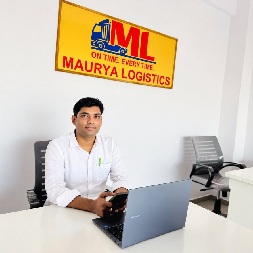 Awadhesh Kumar Maurya, Managing Director of Maurya Logistics, at his desk beneath the company signboard at the Bhiwandi head office