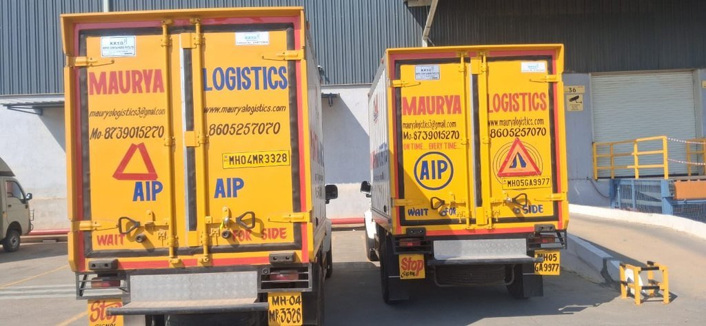 Rear doors of a Maurya Logistics reefer showing All India Permit marking