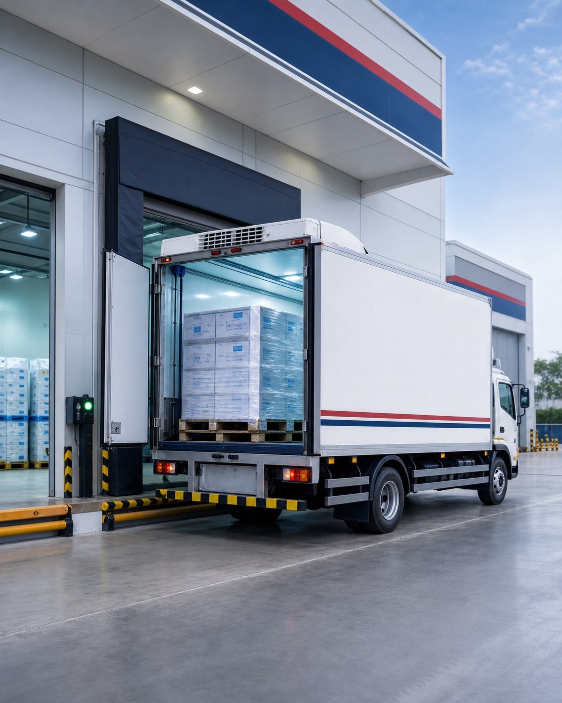 Refrigerated pharma logistics truck loading at a clean pharmaceutical warehouse dock