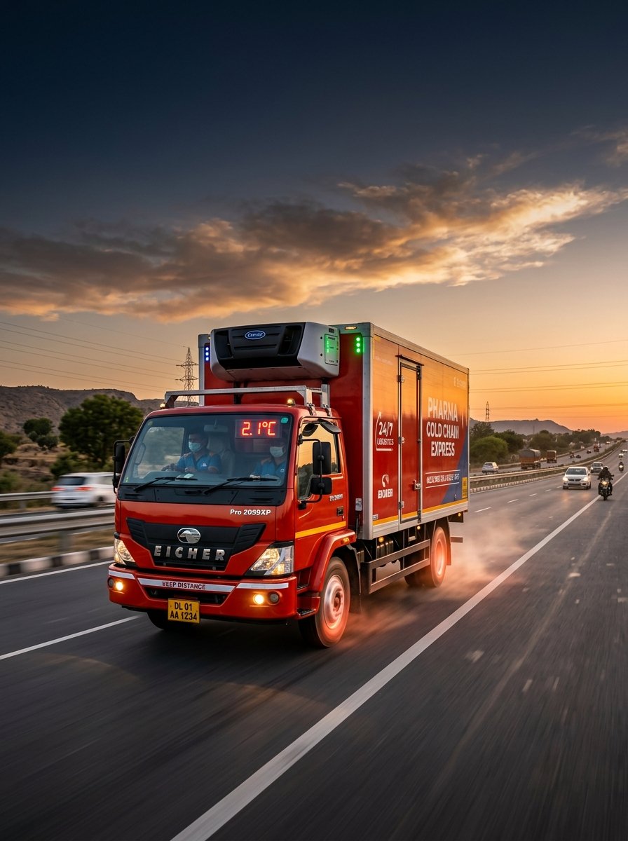 Eicher reefer truck on an Indian highway at golden hour for express pharmaceutical cold-chain delivery