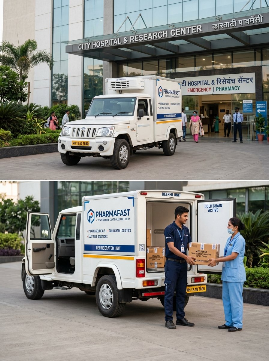 Bolero pickup reefer van delivering sealed pharmaceutical boxes to hospital staff at a modern Indian hospital