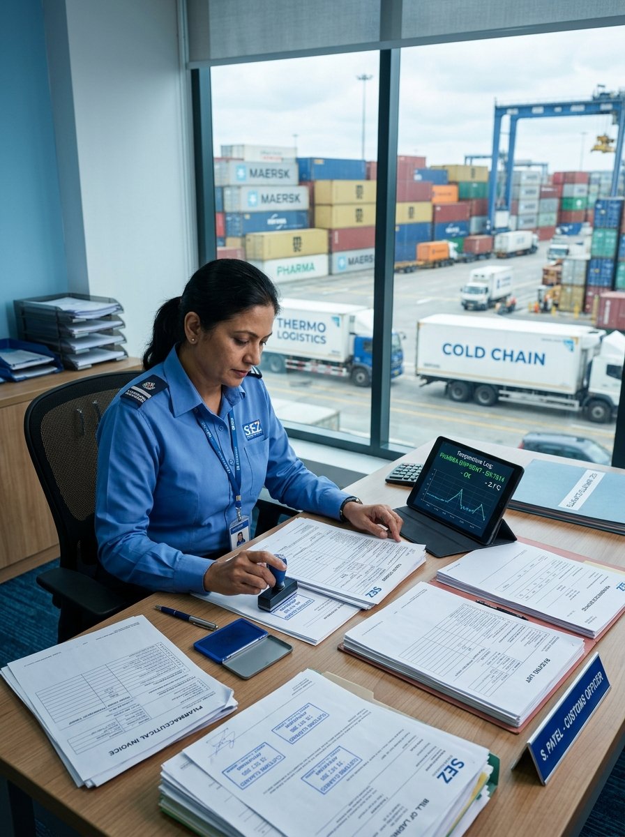 SEZ customs officer stamping pharmaceutical export documents with refrigerated trucks visible through window
